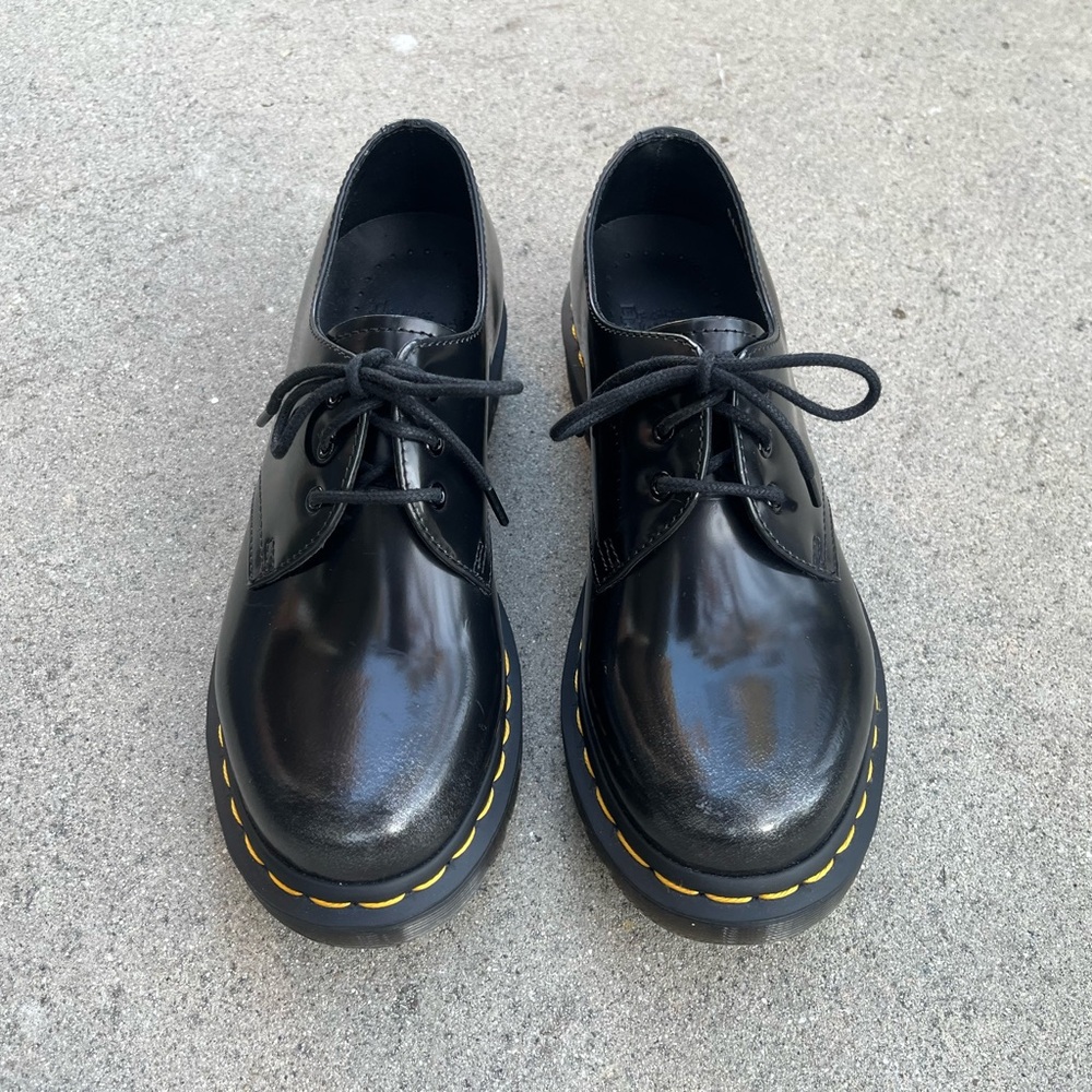 Dr. Martens Black Leather Platform Oxfords with Yellow Stitching